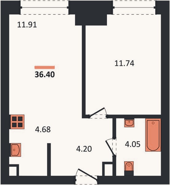 Планировка: 1-к, 36,4 м²