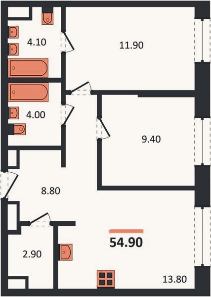 Планировка: 2-к, 54,9 м²
