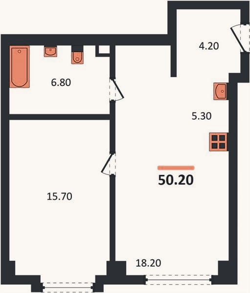 Планировка: 1-к, 50,2 м²