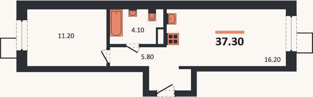 Планировка: 1-к, 37,3 м²