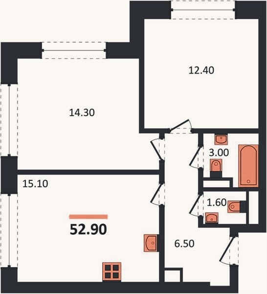 Планировка: 2-к, 52,9 м²