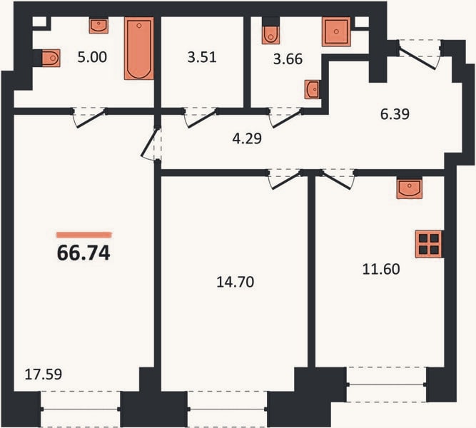 Планировка: 2-к, 66,7 м²