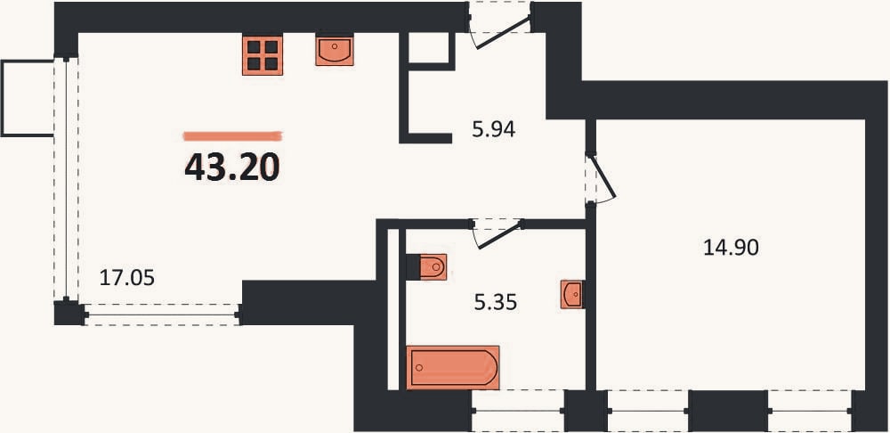Планировка: 1-к, 43,2 м²
