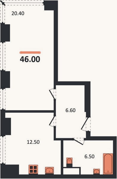 Планировка: 1-к, 46 м²