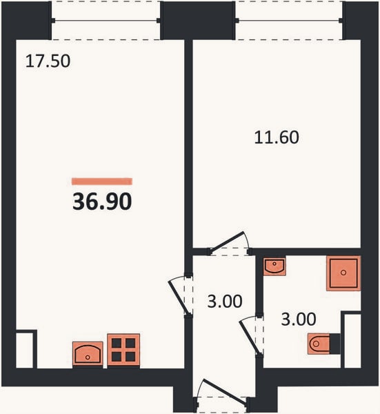 Планировка: 1-к, 36,8 м²