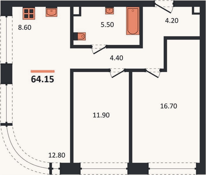 Планировка: 2-к, 64,2 м²