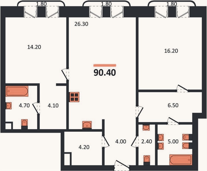 Планировка: 2-к, 90,4 м²