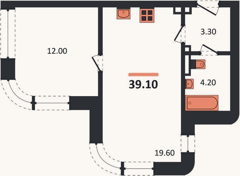 Планировка: 1-к, 39,1 м²