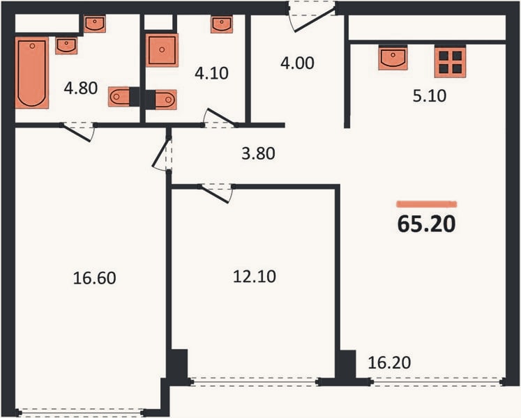 Планировка: 2-к, 65,2 м²