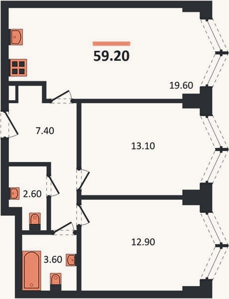 Планировка: 2-к, 59,2 м²