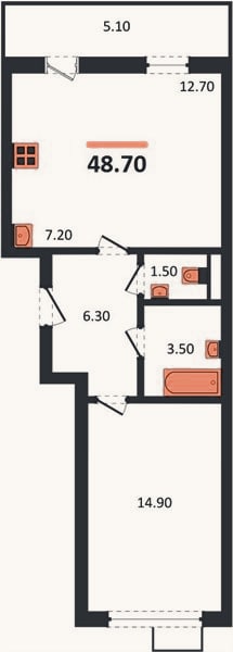 Планировка: 1-к, 48,7 м²