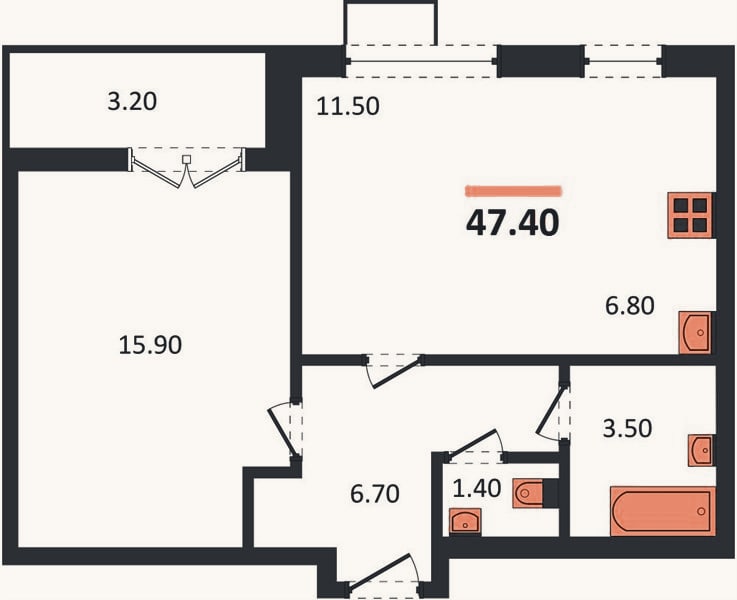 Планировка: 1-к, 47,4 м²