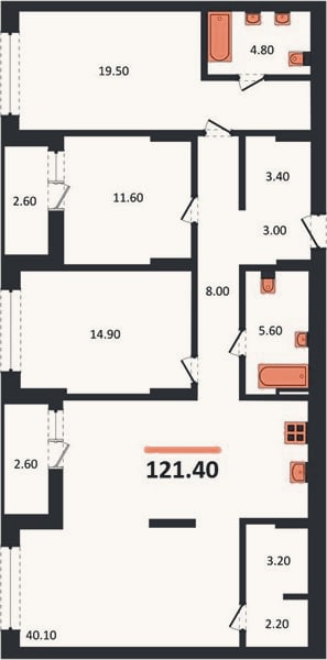 Планировка: 3-к, 121,4 м²