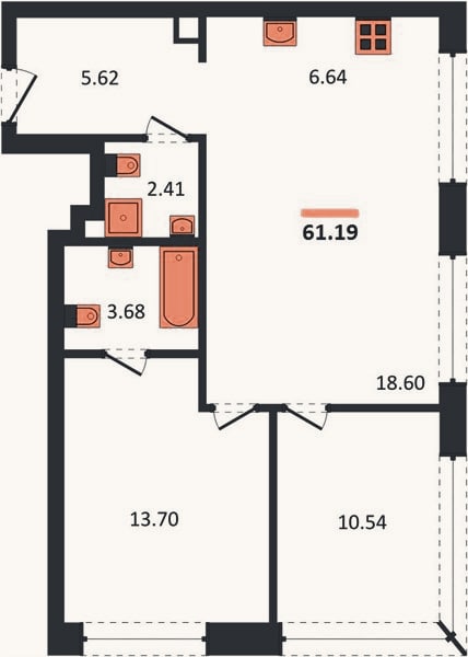 Планировка: 2-к, 61,2 м²