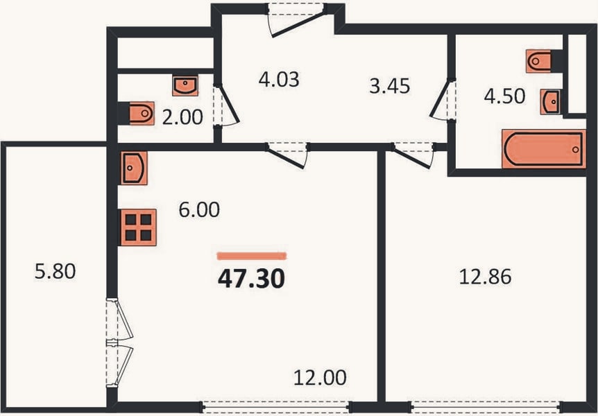Планировка: 1-к, 47,3 м²