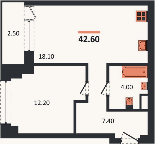 Планировка: 1-к, 42,6 м²