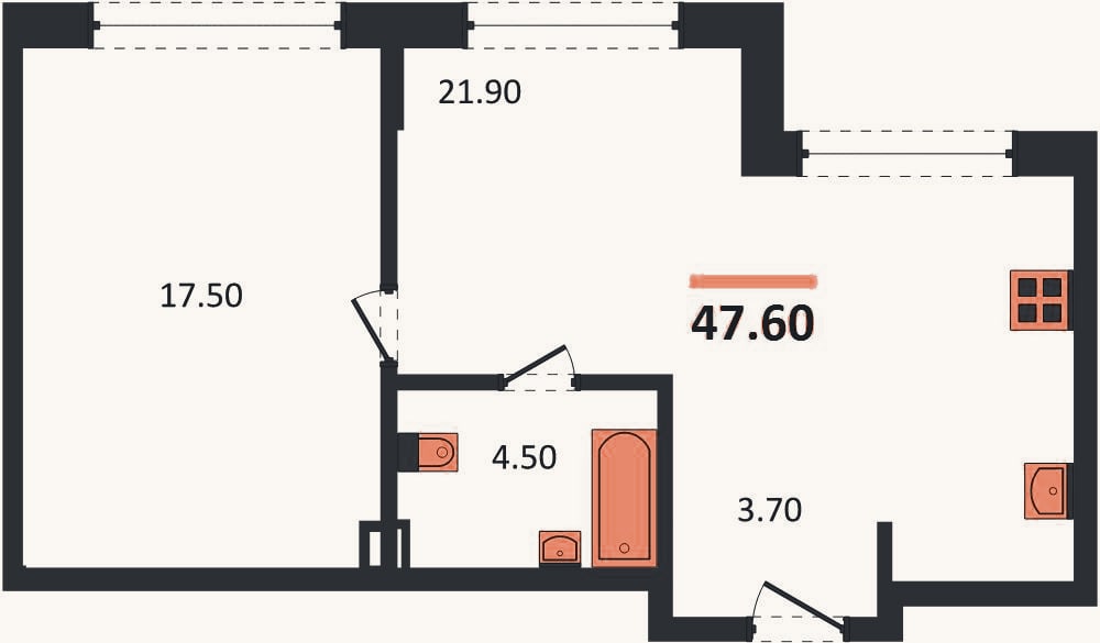 Планировка: 1-к, 47,6 м²