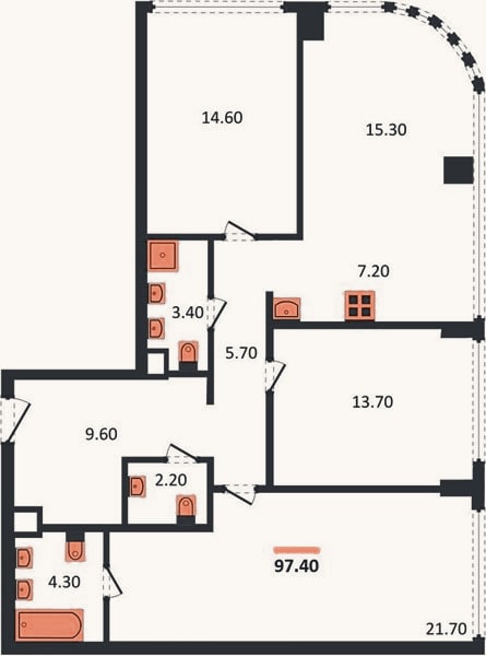 Планировка: 3-к, 97,4 м²