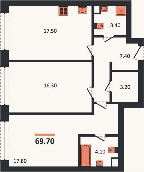 Планировка: 2-к, 69,7 м²
