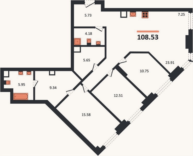 Планировка: 3-к, 108,5 м²