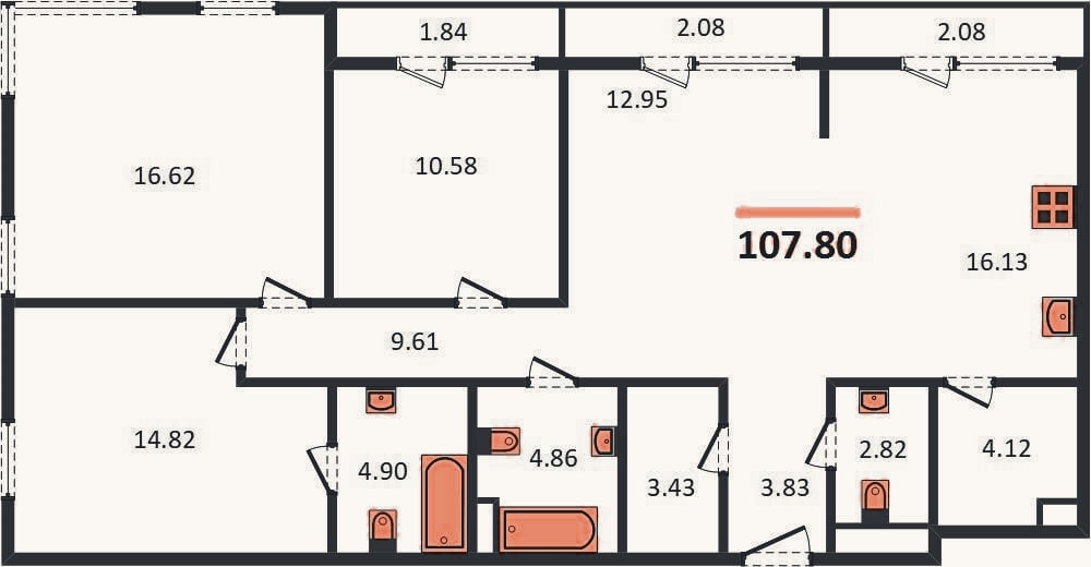 Планировка: 3-к, 107,8 м²
