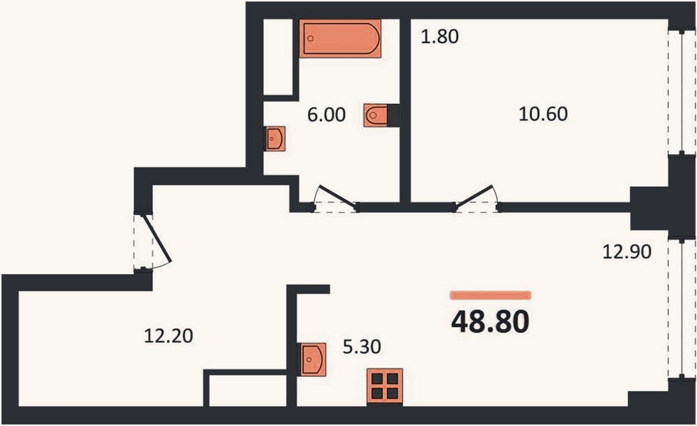 Планировка: 1-к, 48,8 м²