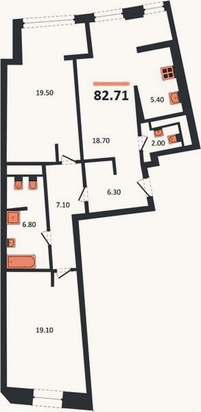Планировка: 2-к, 82,7 м²