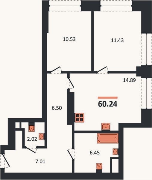 Планировка: 2-к, 60,2 м²
