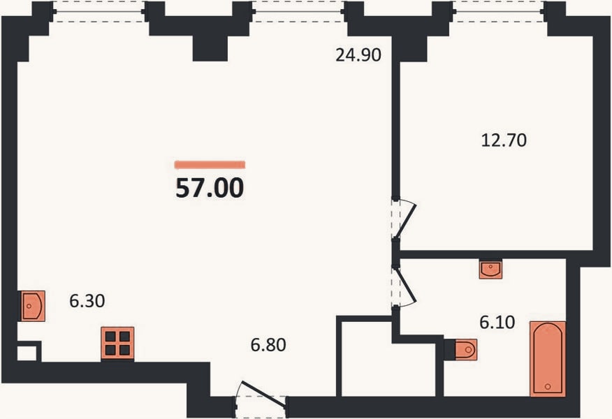 Планировка: 1-к, 57 м²