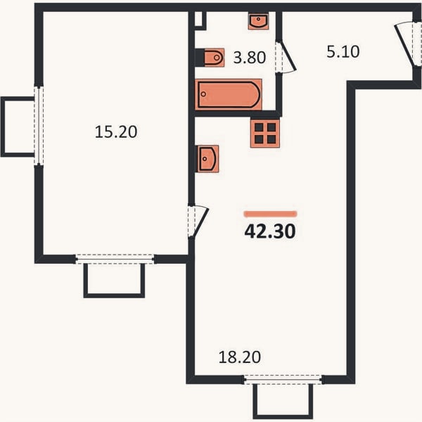 Планировка: 1-к, 42,3 м²