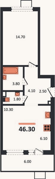 Планировка: 1-к, 46,3 м²