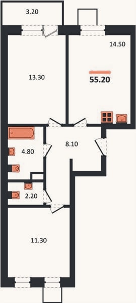 Планировка: 2-к, 55,2 м²
