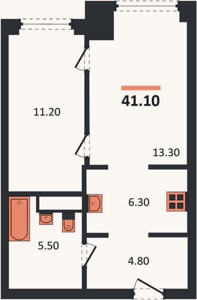 Планировка: 1-к, 41,1 м²