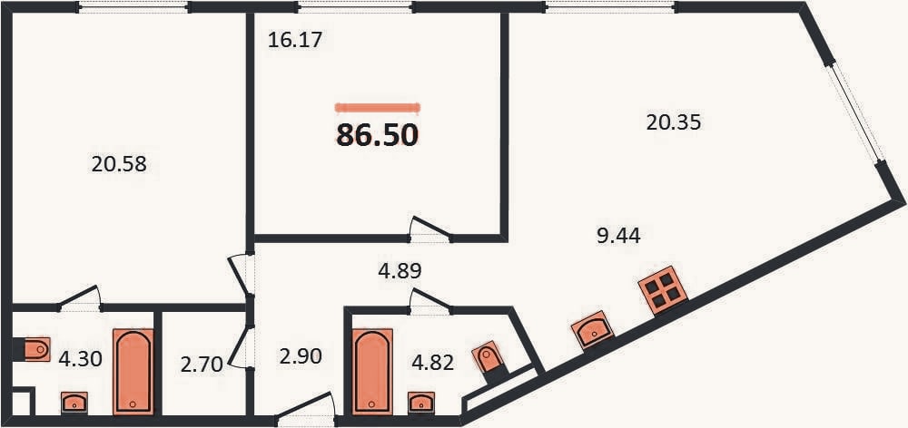 Планировка: 2-к, 86,5 м²