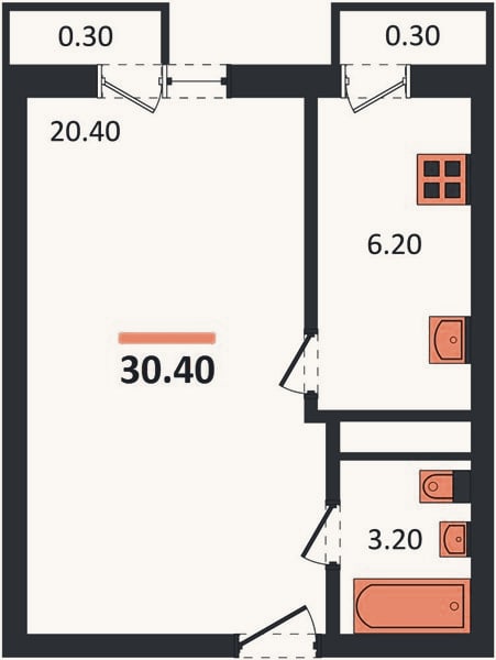 Планировка: 1-к, 30,4 м²