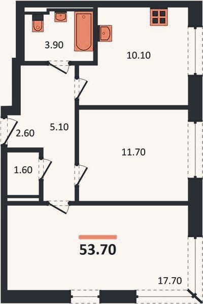 Планировка: 2-к, 53,7 м²