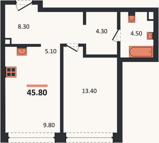 Планировка: 1-к, 45,8 м²