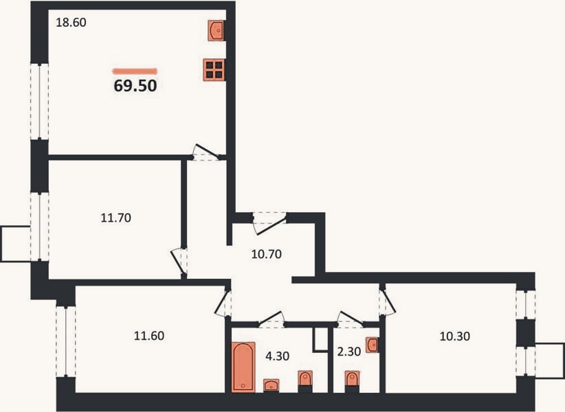 Планировка: 3-к, 69,5 м²