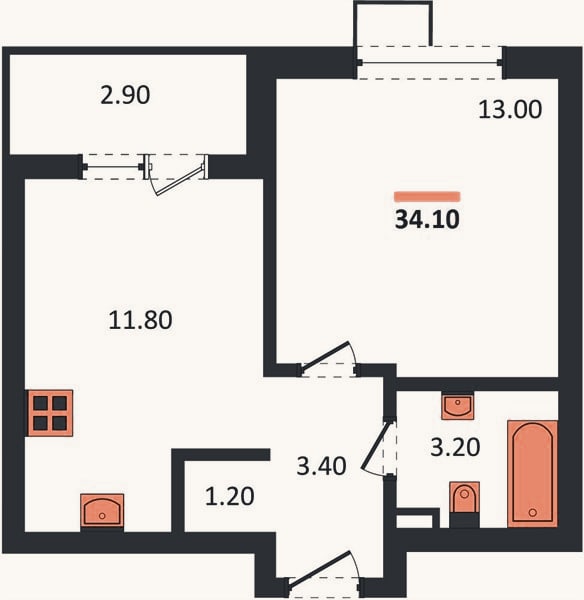 Планировка: 1-к, 34,1 м²