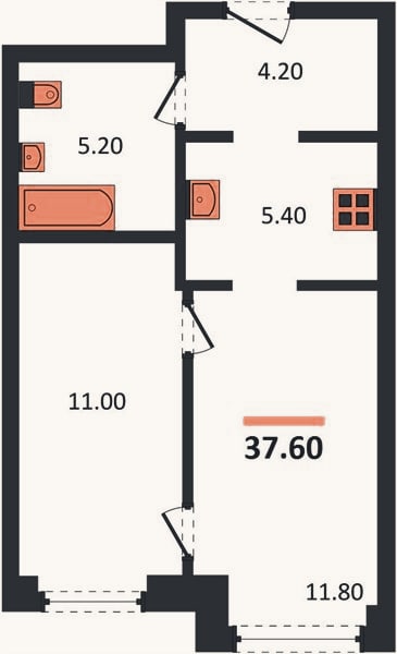 Планировка: 1-к, 37,6 м²