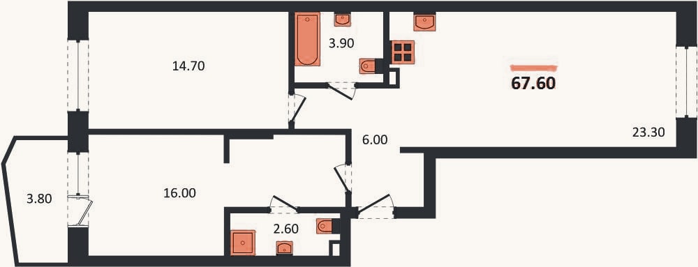 Планировка: 2-к, 67,6 м²