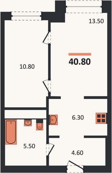 Планировка: 1-к, 40,8 м²