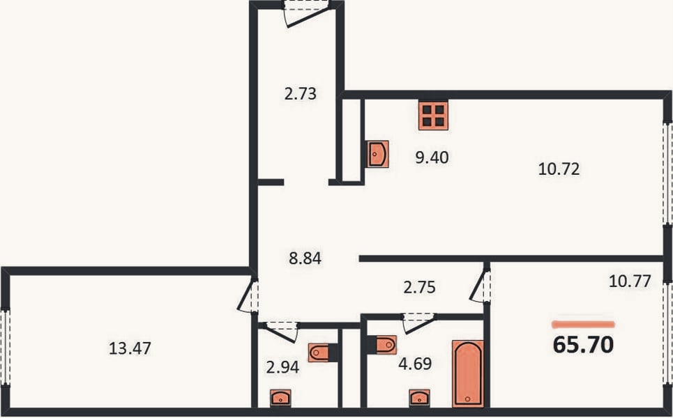 Планировка: 2-к, 65,7 м²