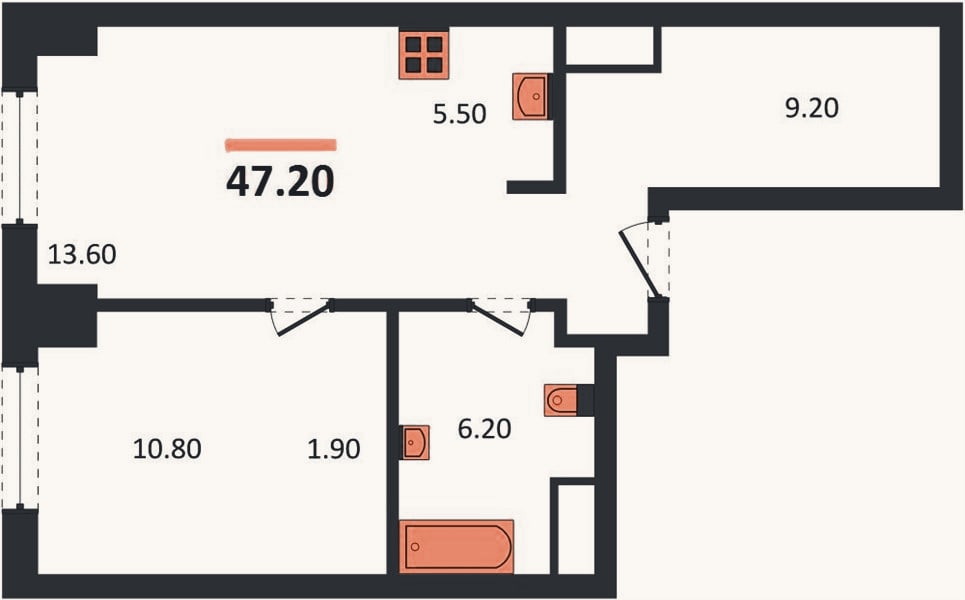 Планировка: 1-к, 47,2 м²