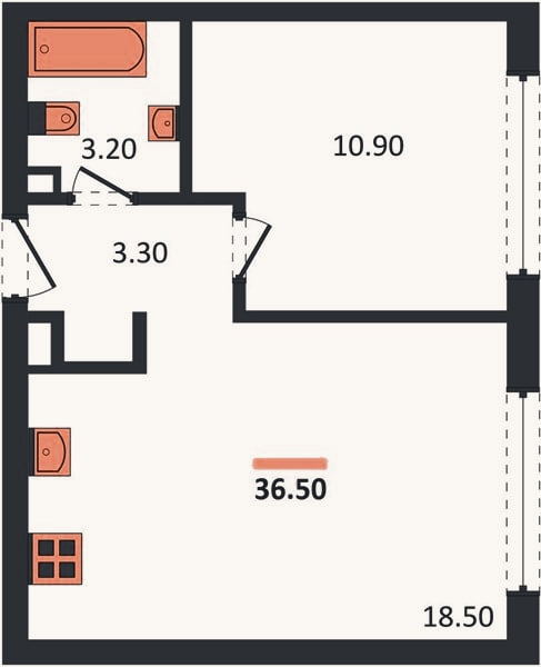 Планировка: 1-к, 36,5 м²