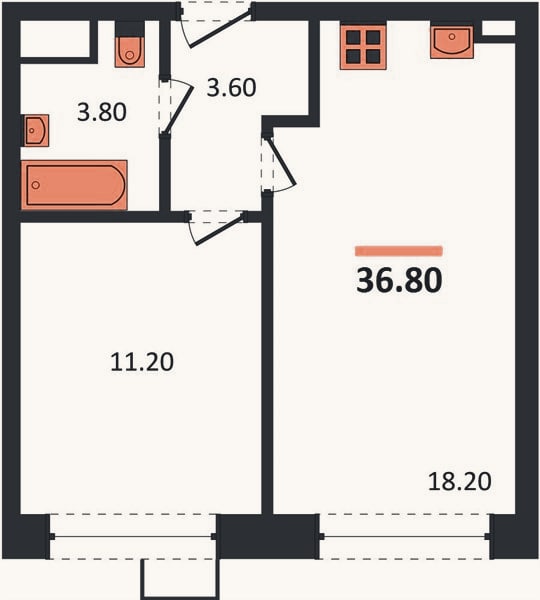 Планировка: 1-к, 36,8 м²
