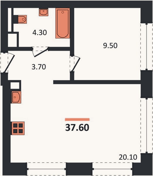 Планировка: 1-к, 37,6 м²