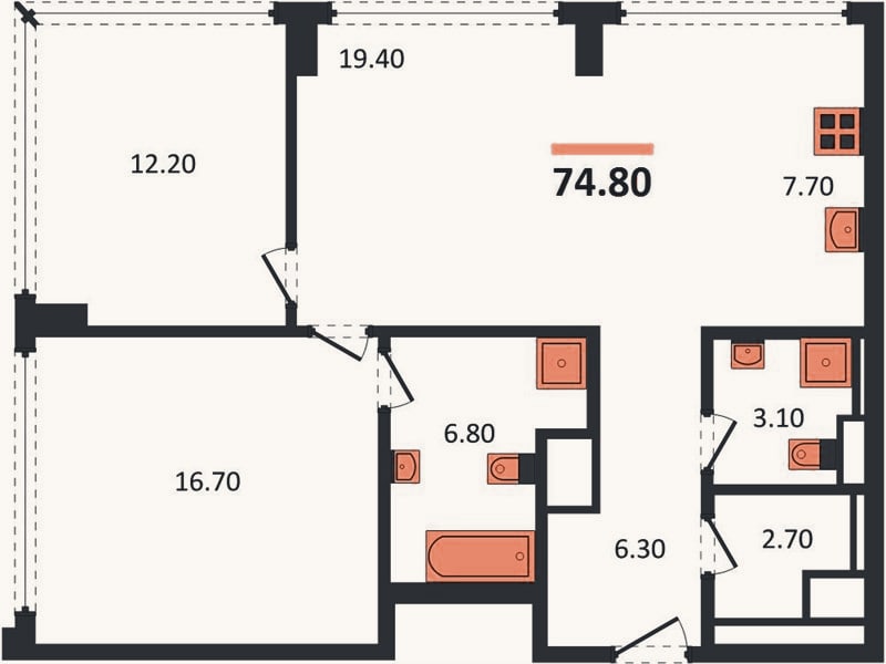 Планировка: 2-к, 74,8 м²