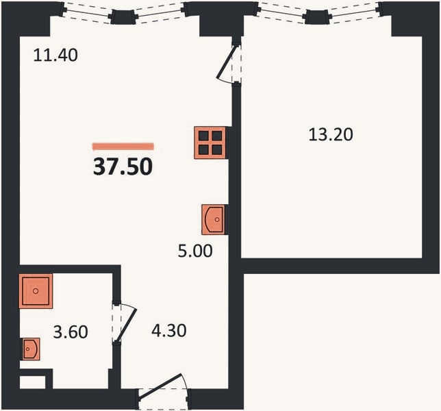 Планировка: 1-к, 37,5 м²