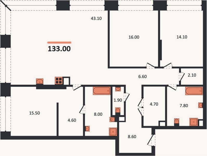 Планировка: 3-к, 133 м²